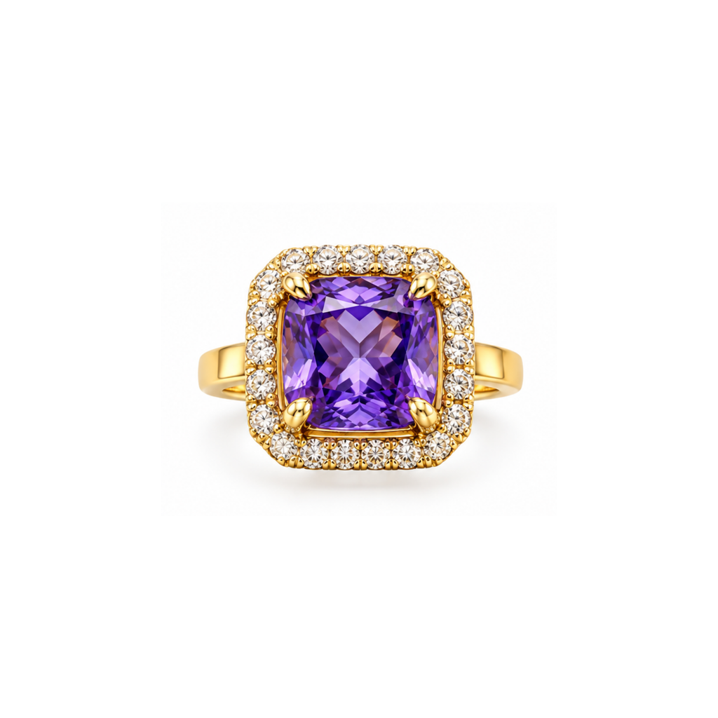 14K Yellow Gold Purple Cubic Zirconia Halo Ring – Size 8