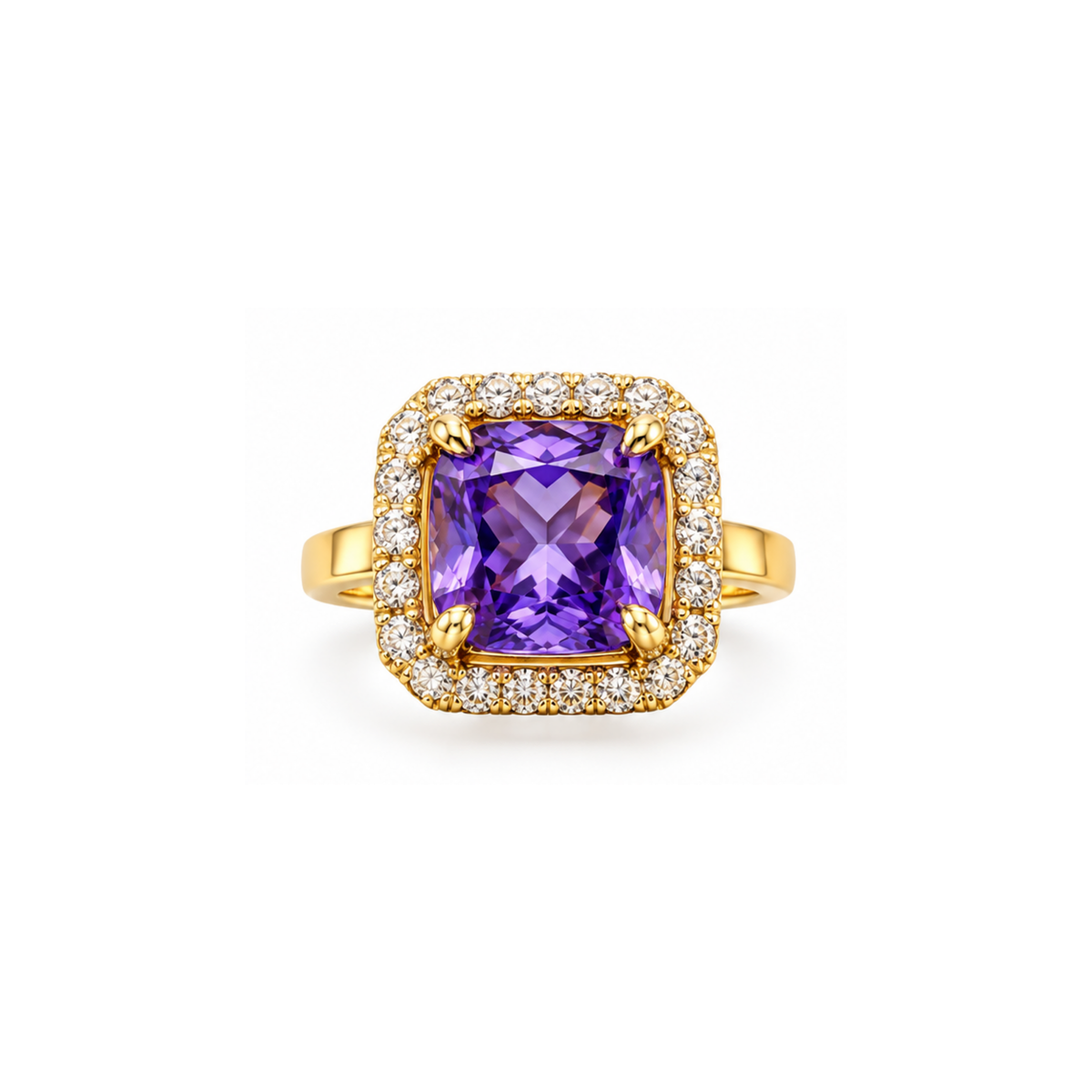 14K Yellow Gold Purple Cubic Zirconia Halo Ring – Size 8