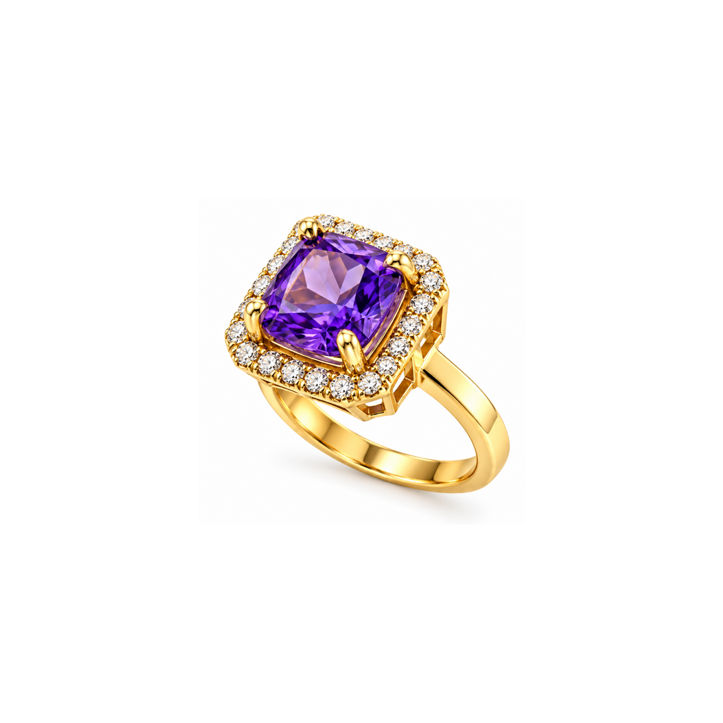 14K Yellow Gold Purple Cubic Zirconia Halo Ring – Size 8