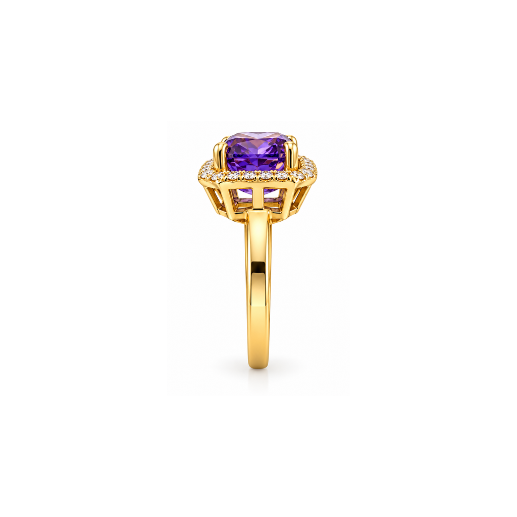 14K Yellow Gold Purple Cubic Zirconia Halo Ring – Size 8
