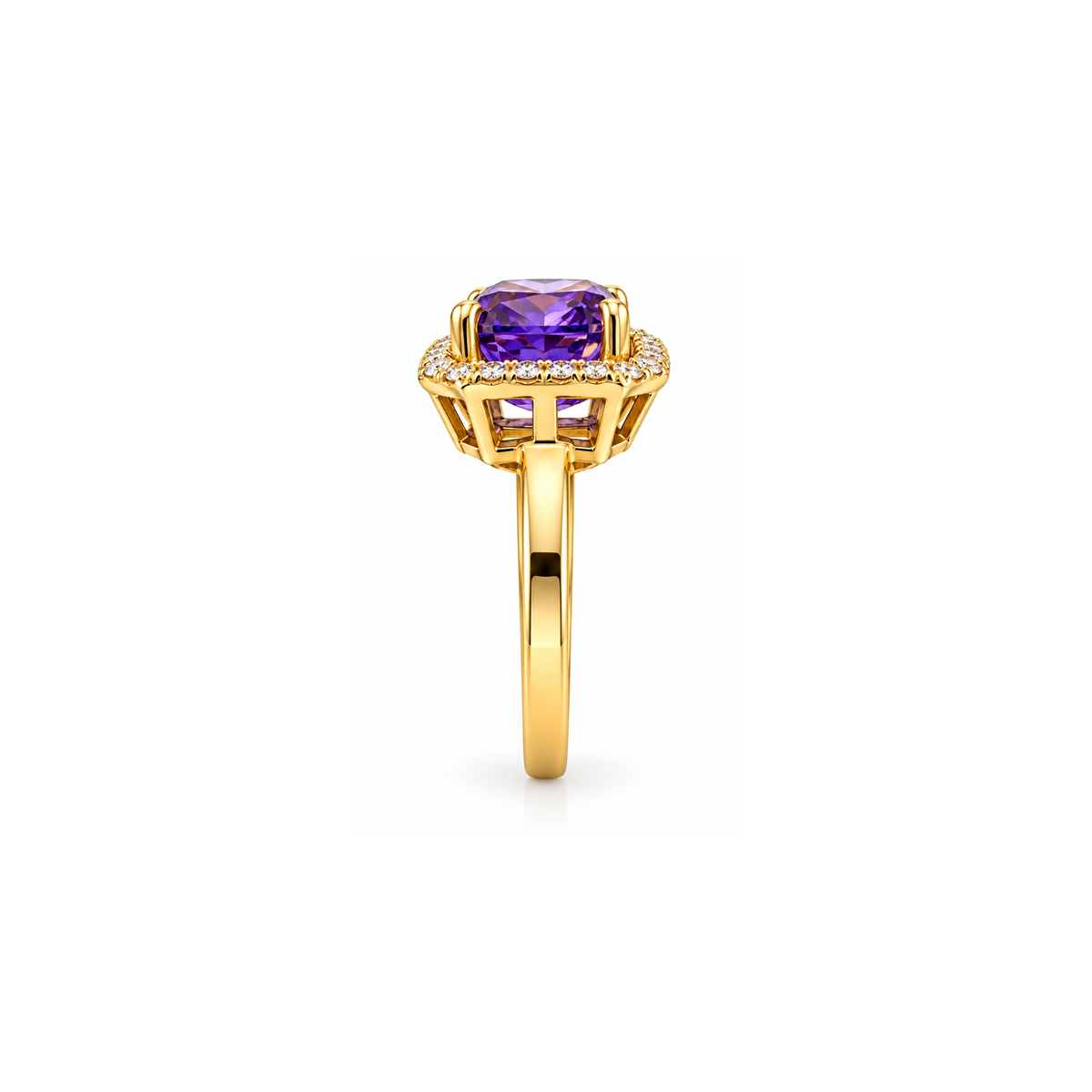 14K Yellow Gold Purple Cubic Zirconia Halo Ring – Size 8