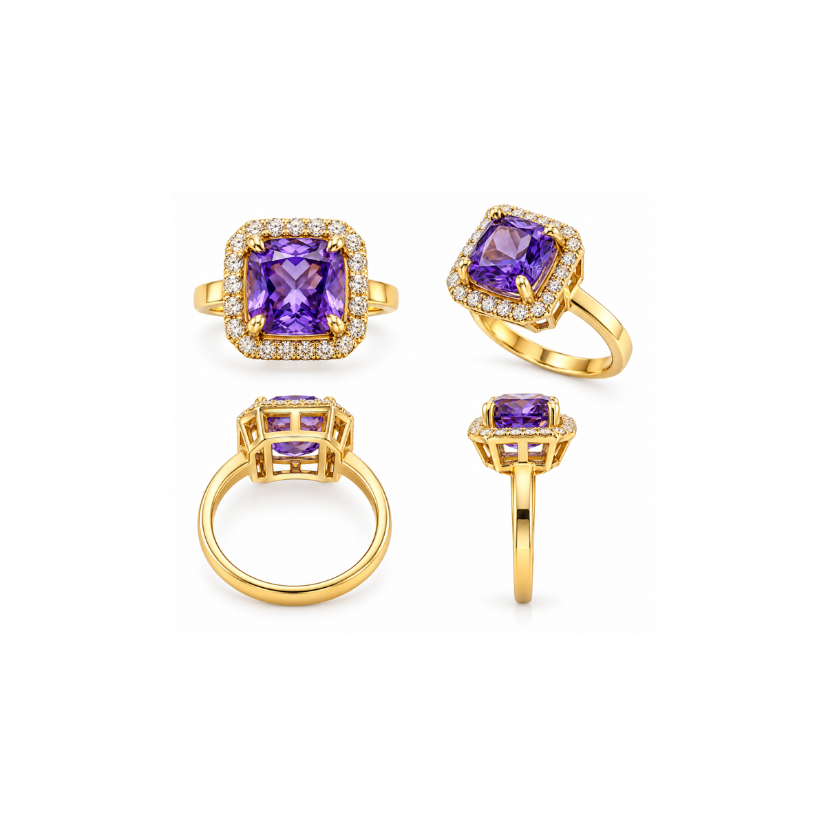 14K Yellow Gold Purple Cubic Zirconia Halo Ring – Size 8