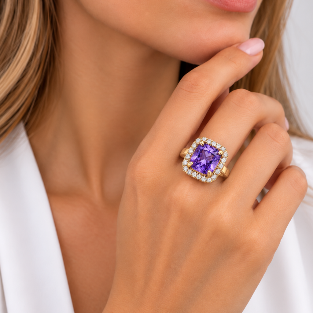 14K Yellow Gold Purple Cubic Zirconia Halo Ring – Size 8