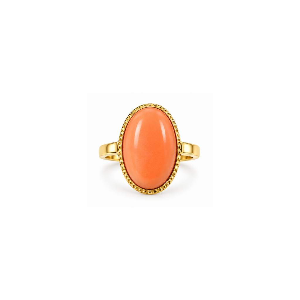 14K Yellow Gold Coral Cabochon Ring – Size 8