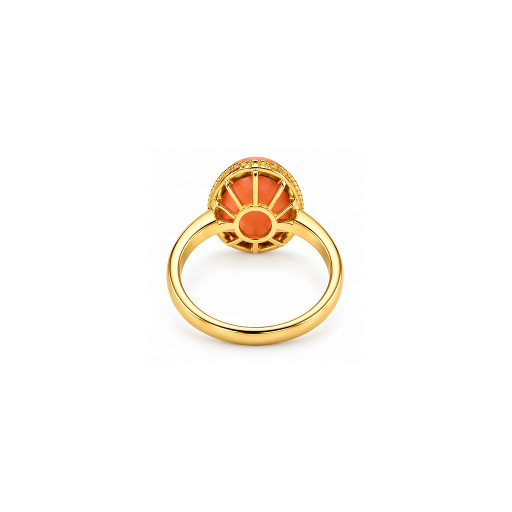 14K Yellow Gold Coral Cabochon Ring – Size 8
