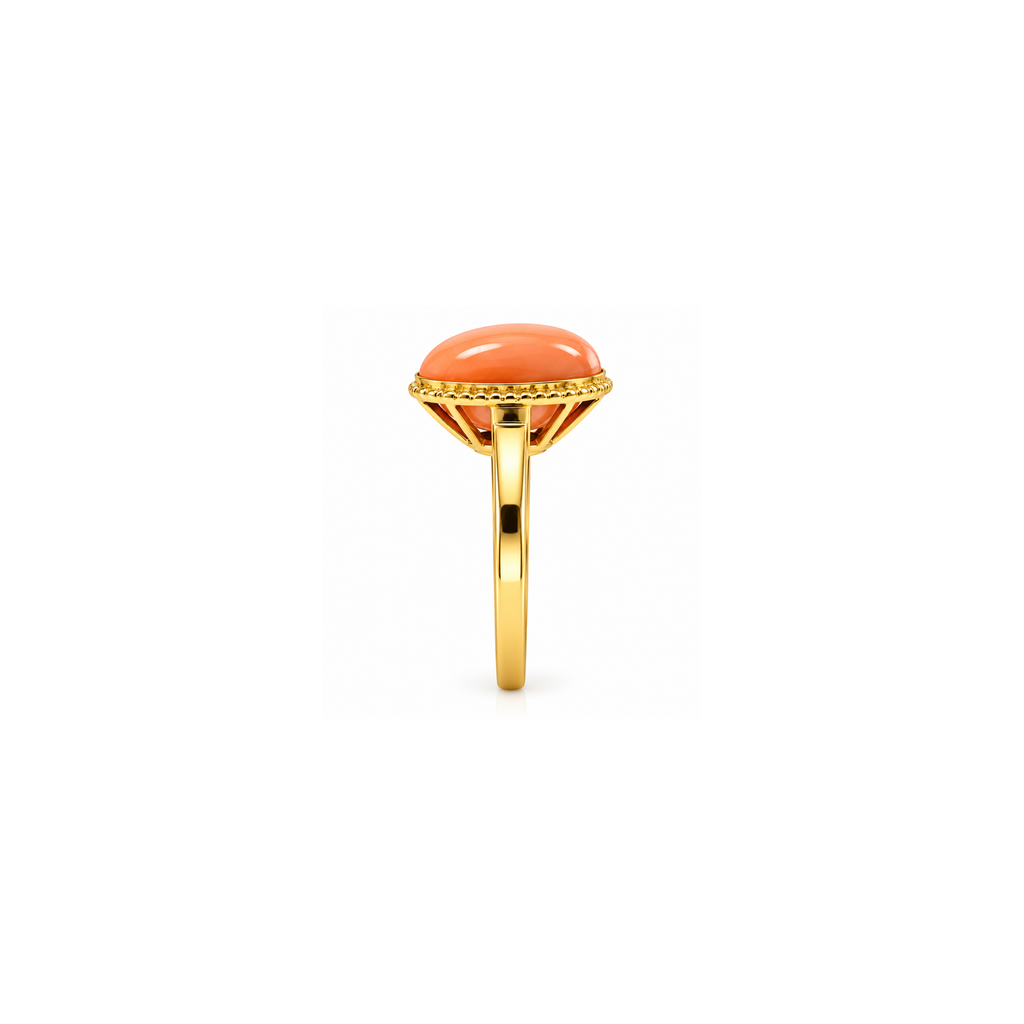 14K Yellow Gold Coral Cabochon Ring – Size 8