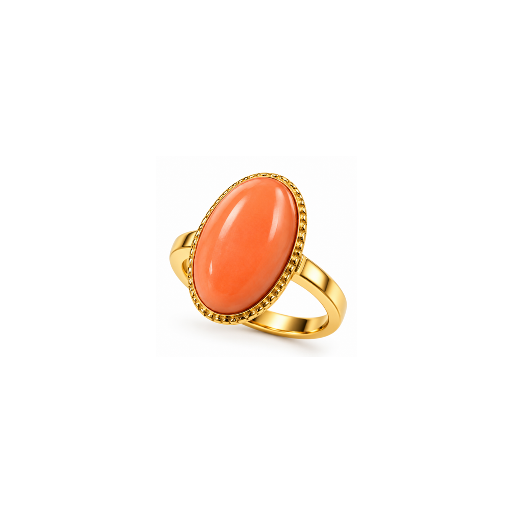 14K Yellow Gold Coral Cabochon Ring – Size 8