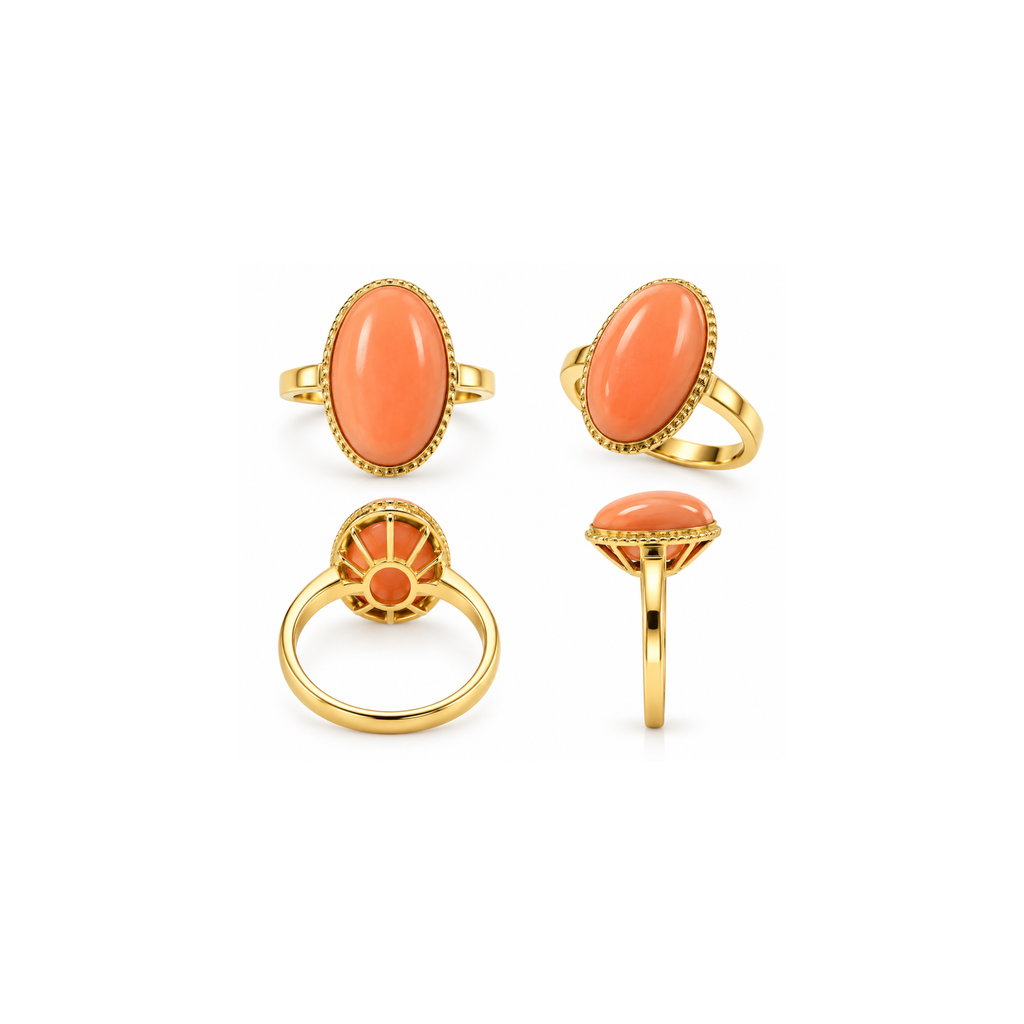 14K Yellow Gold Coral Cabochon Ring – Size 8