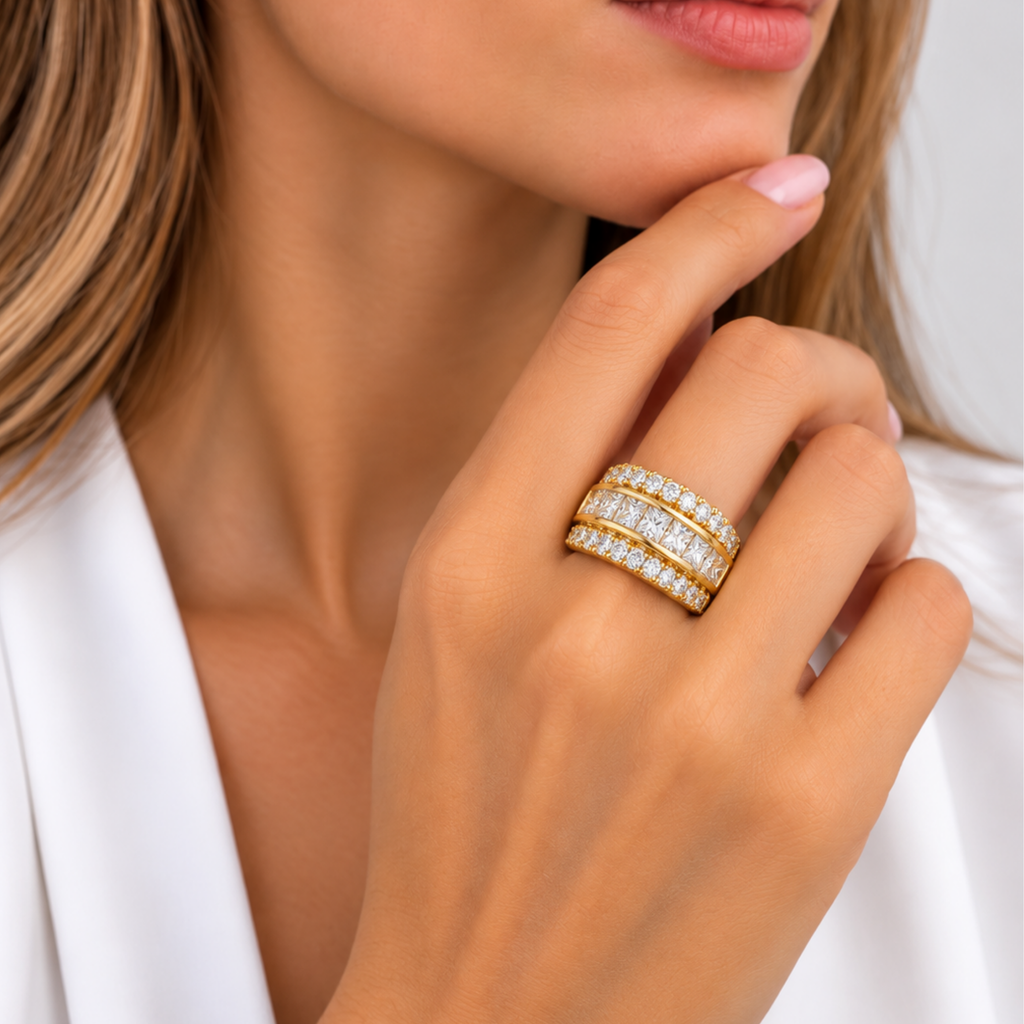 14K Yellow Gold 1.90 CT Diamond Three-Row Band Ring