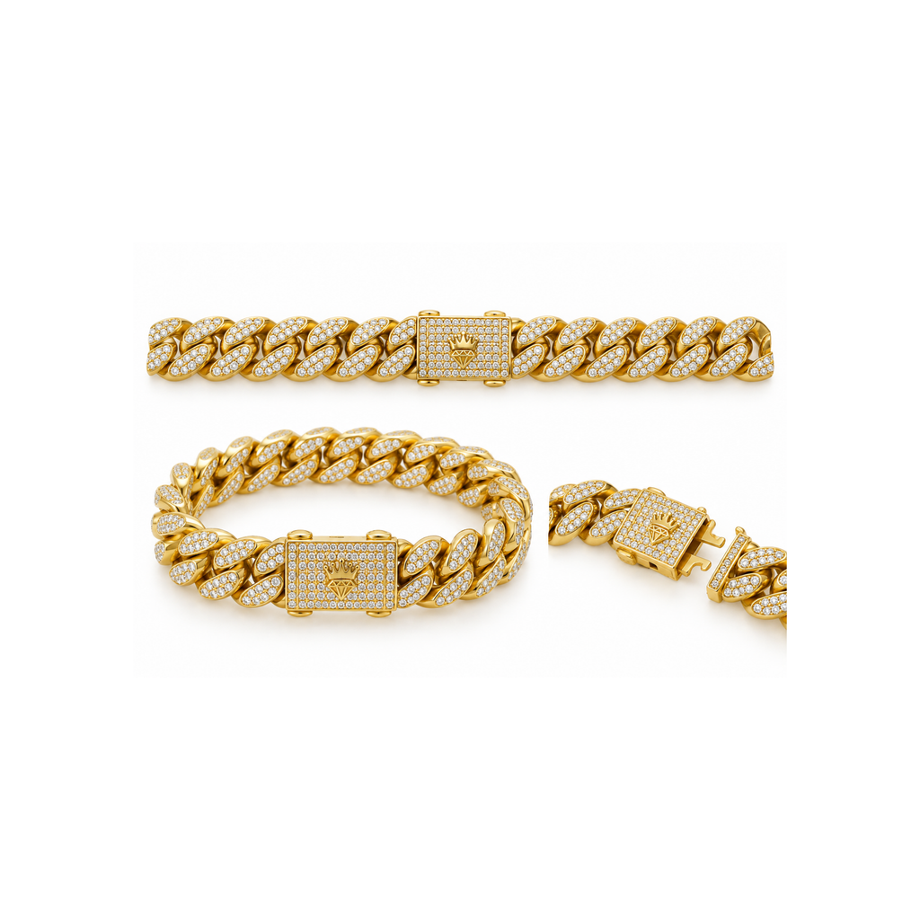 14K Yellow Gold Iced Cuban Link Bracelet with Zirconia