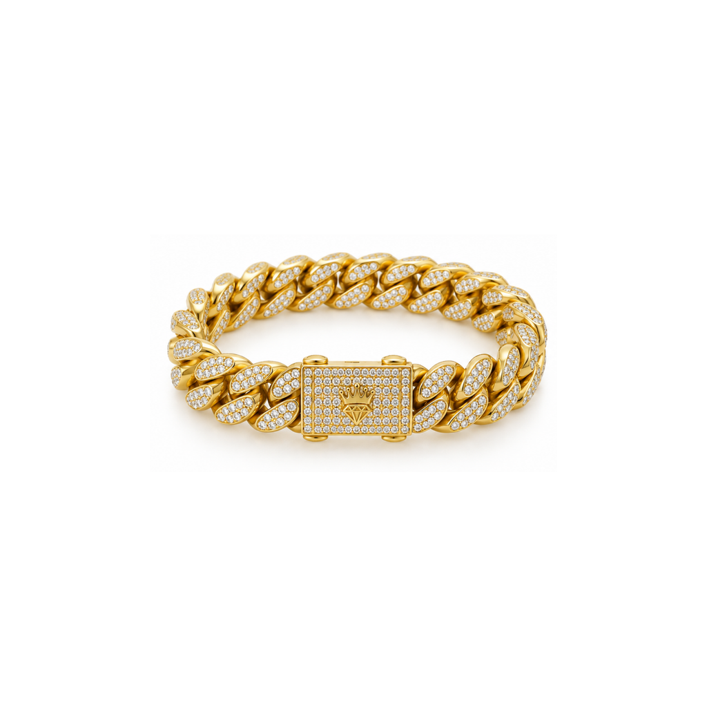 14K Yellow Gold Iced Cuban Link Bracelet with Zirconia