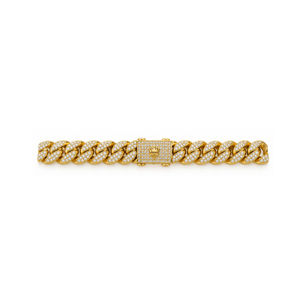 14K Yellow Gold Iced Cuban Link Bracelet with Zirconia