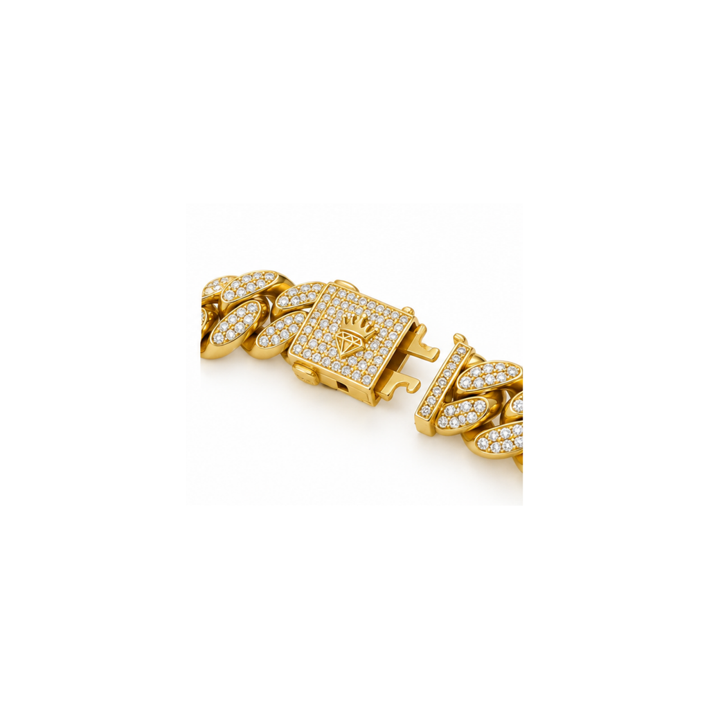 14K Yellow Gold Iced Cuban Link Bracelet with Zirconia