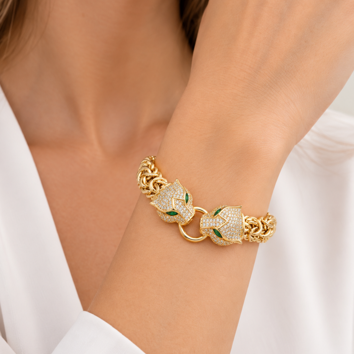 14K Yellow Gold Panther Head Bracelet with Zirconia