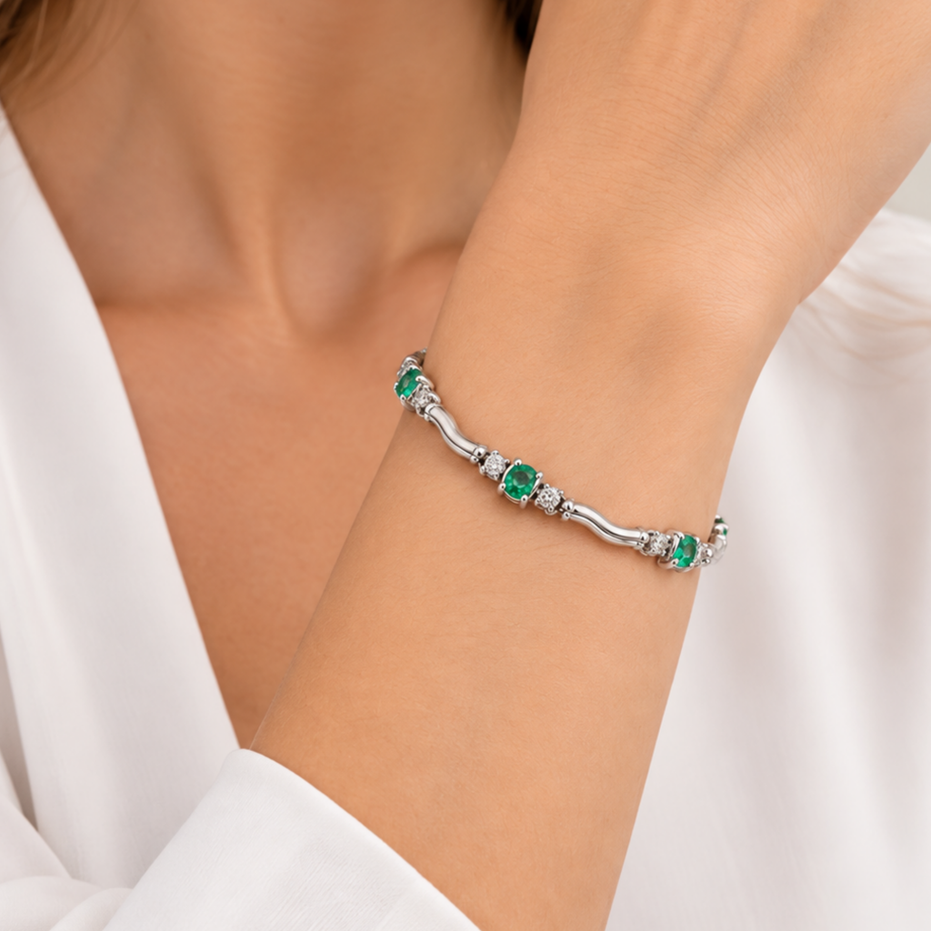 10K White Gold Emerald & Diamond Bracelet