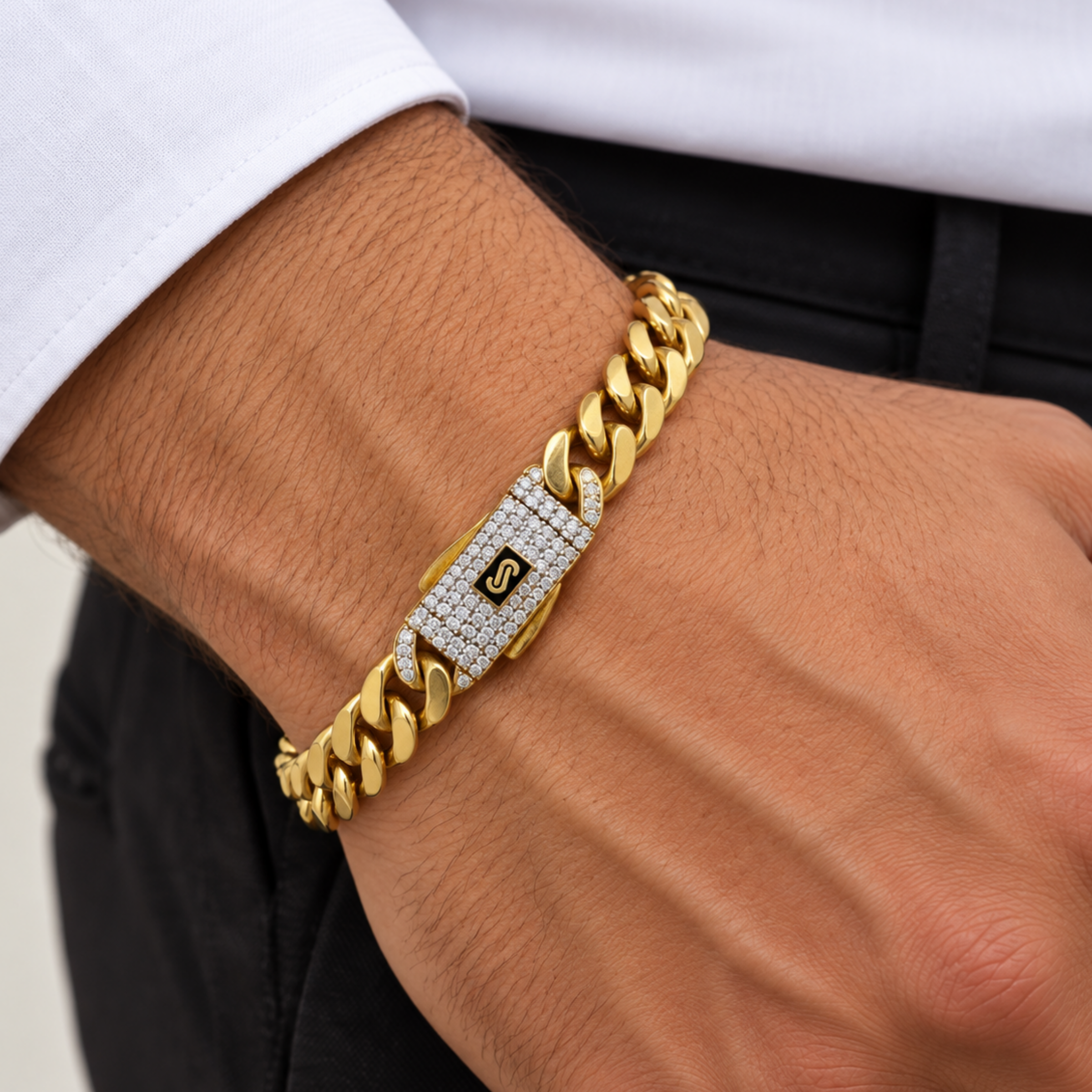10K Gold Cuban Link Bracelet with Pavé Clasp