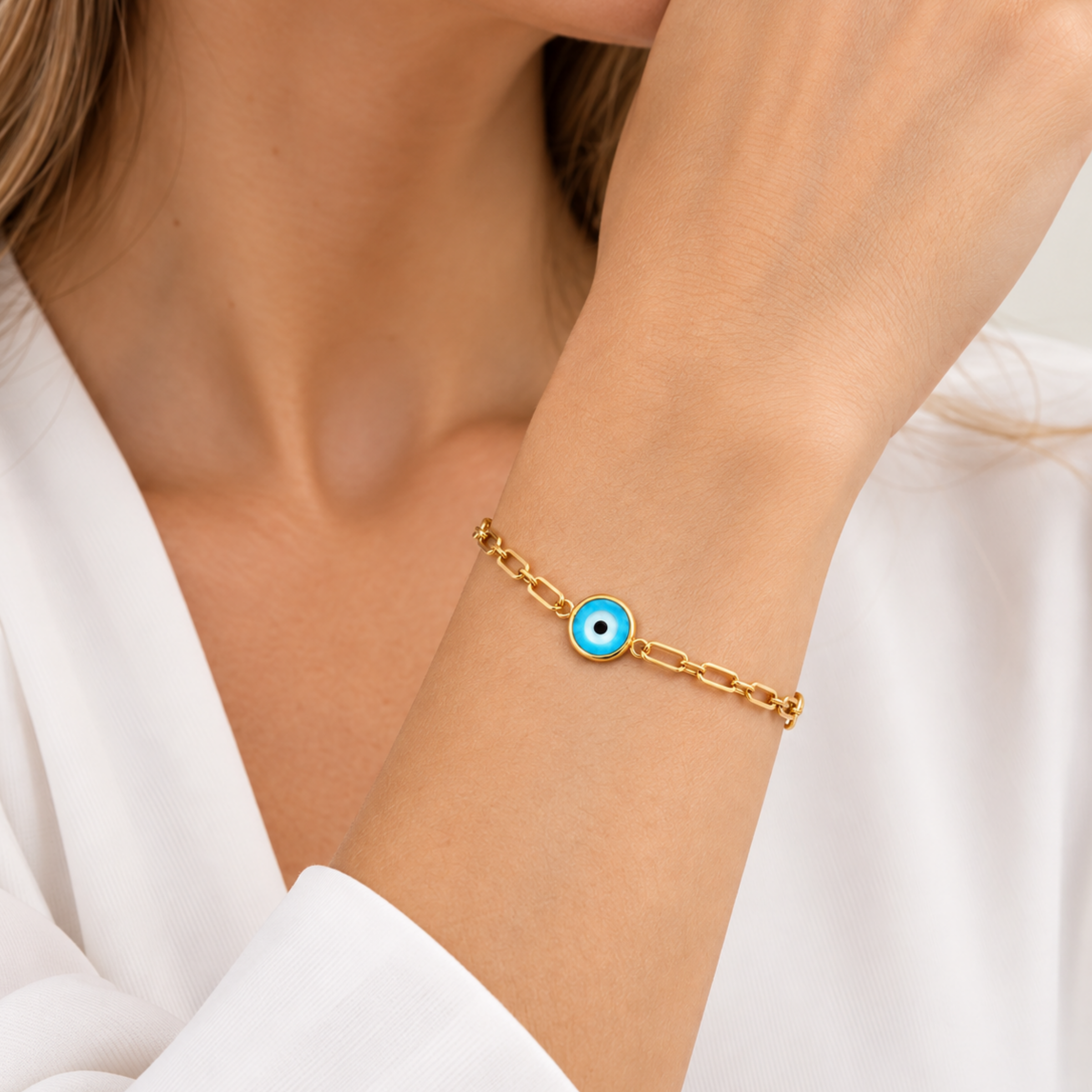 18K Gold Evil Eye Paperclip Bracelet