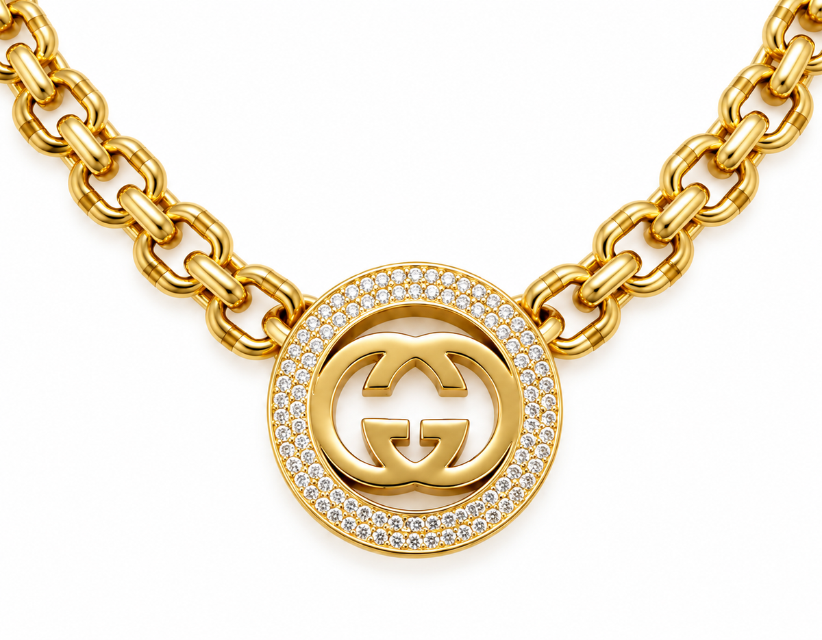 14K Yellow Gold Double-Link Necklace with Pavé Round Pendant – 17" – 18.0 g